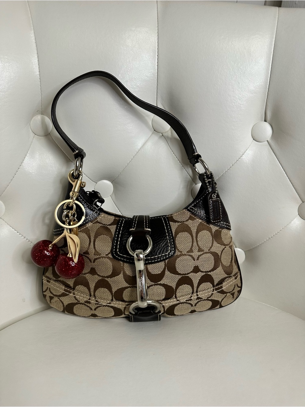 Mini Coach Signature Canvas Shoulder Bag in Brown with Black Trim